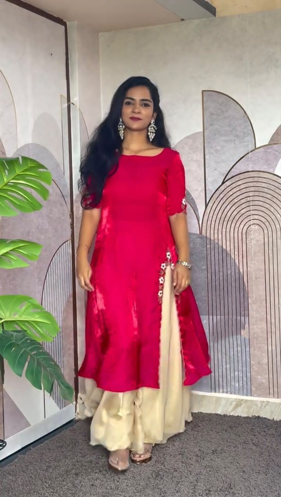 Red Full Stitched Maggam Work Kurti with Cream Palazzo